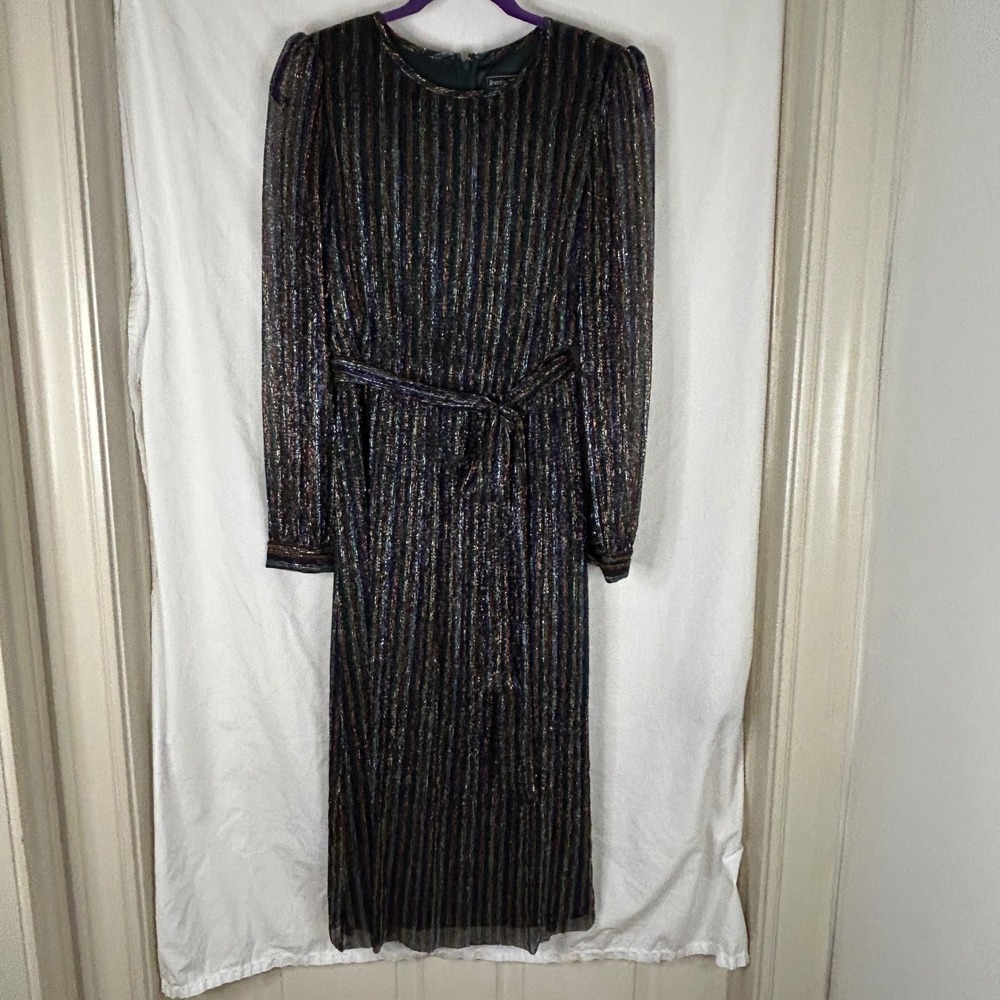 Jessica Howard Metallic Stripe Long Sleeve Belted Midi Dress Size 8